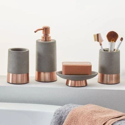 Modrn 4 Piece Concrete With Copper Accent Bath Accessory Set