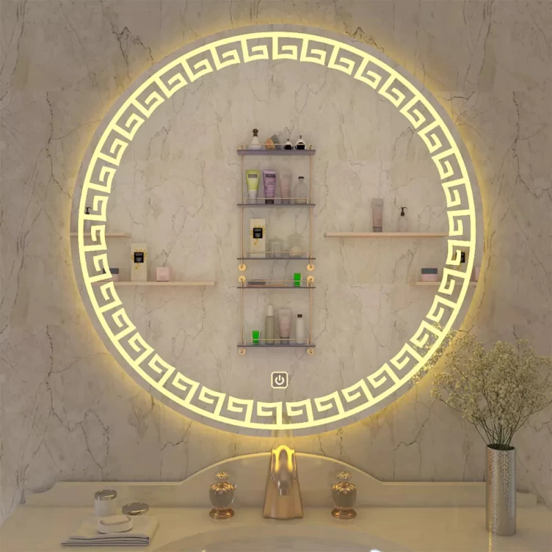 Greek Key Motif LED Round Bathroom Mirror