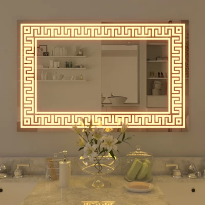 Greek Key Motif LED Rectangular Bathroom Mirror